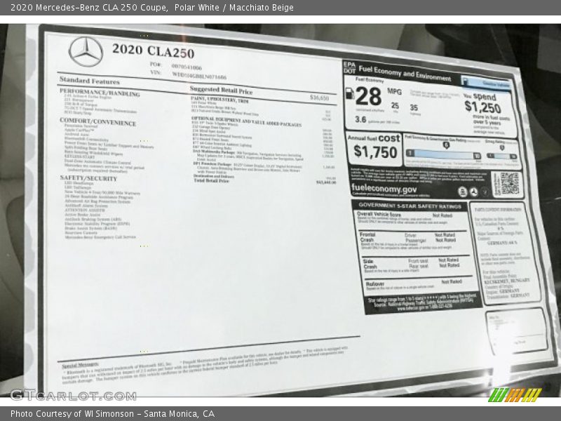  2020 CLA 250 Coupe Window Sticker