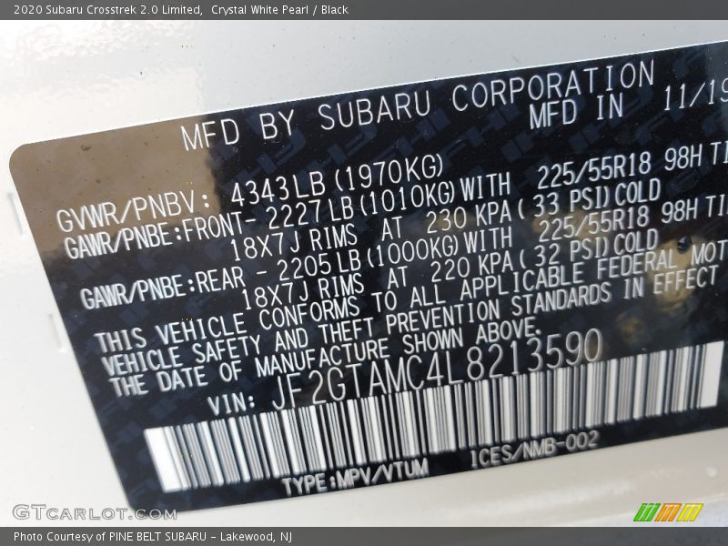 Crystal White Pearl / Black 2020 Subaru Crosstrek 2.0 Limited