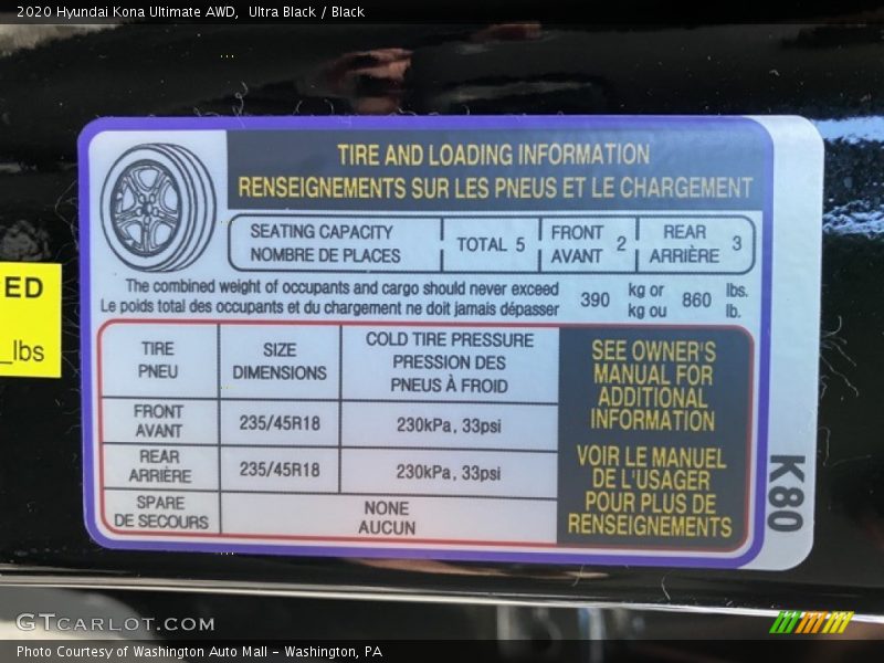 Info Tag of 2020 Kona Ultimate AWD