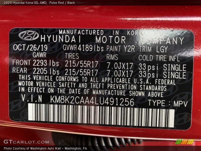 Pulse Red / Black 2020 Hyundai Kona SEL AWD