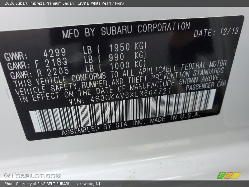 Crystal White Pearl / Ivory 2020 Subaru Impreza Premium Sedan