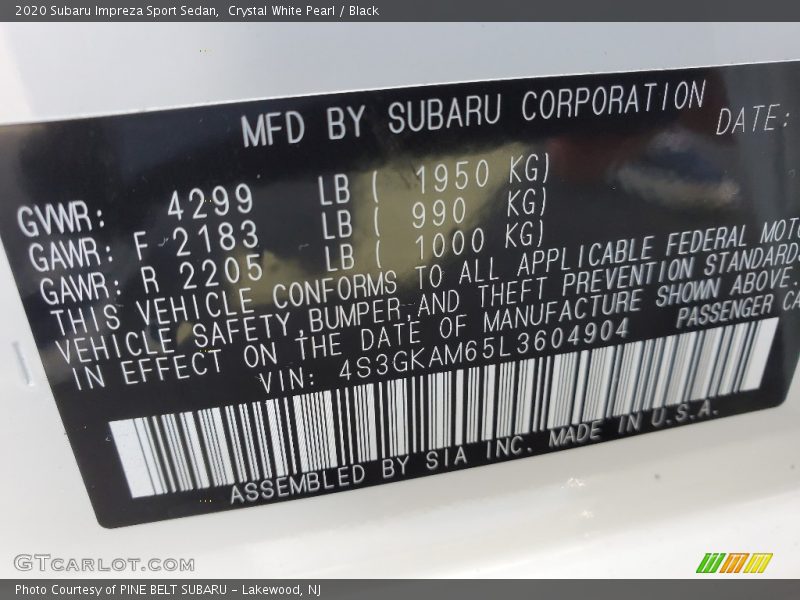 Crystal White Pearl / Black 2020 Subaru Impreza Sport Sedan