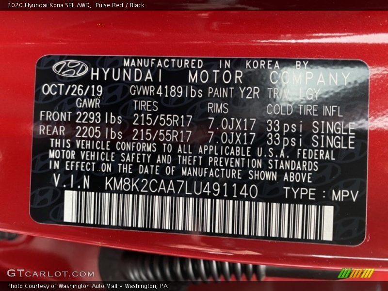 2020 Kona SEL AWD Pulse Red Color Code Y2R