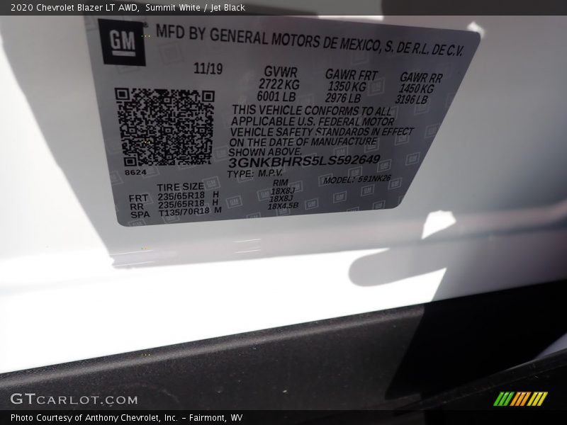 Summit White / Jet Black 2020 Chevrolet Blazer LT AWD