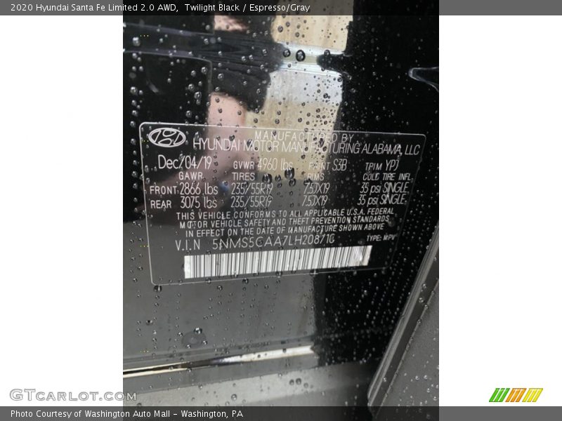 Twilight Black / Espresso/Gray 2020 Hyundai Santa Fe Limited 2.0 AWD