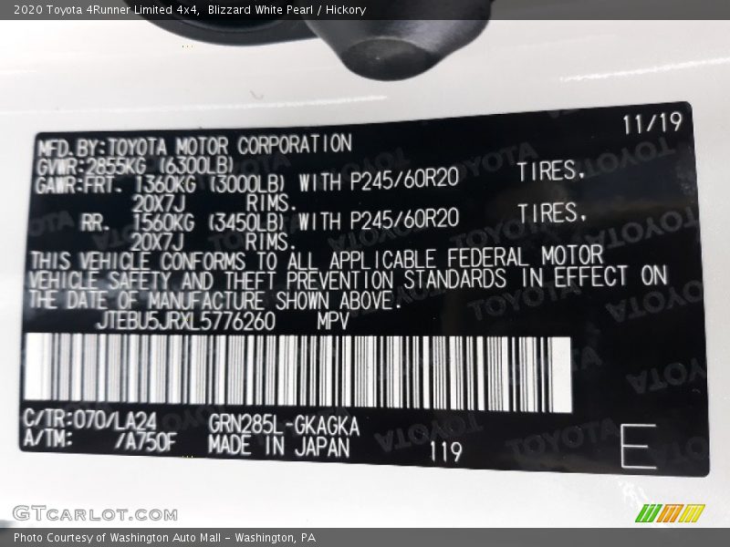 2020 4Runner Limited 4x4 Blizzard White Pearl Color Code 070