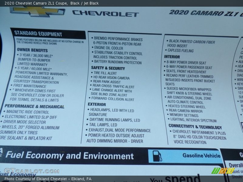  2020 Camaro ZL1 Coupe Window Sticker