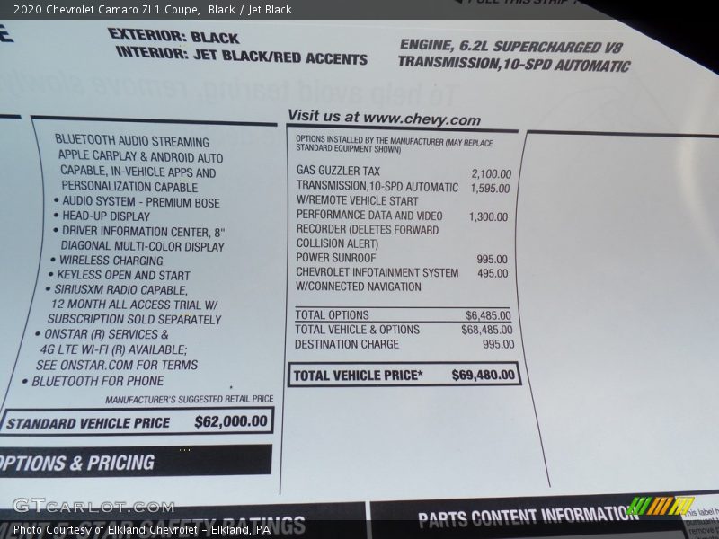  2020 Camaro ZL1 Coupe Window Sticker