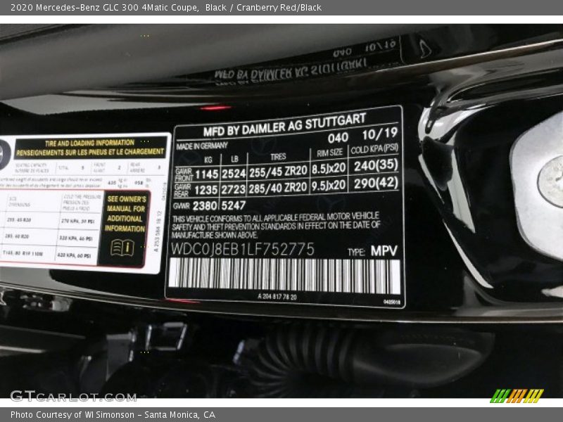 2020 GLC 300 4Matic Coupe Black Color Code 040