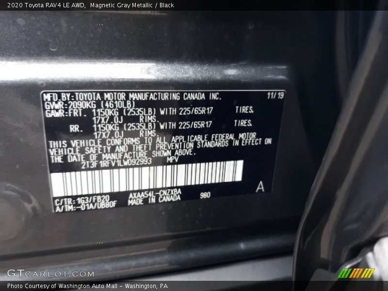 2020 RAV4 LE AWD Magnetic Gray Metallic Color Code 1G3