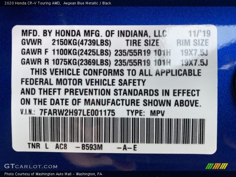 Aegean Blue Metallic / Black 2020 Honda CR-V Touring AWD