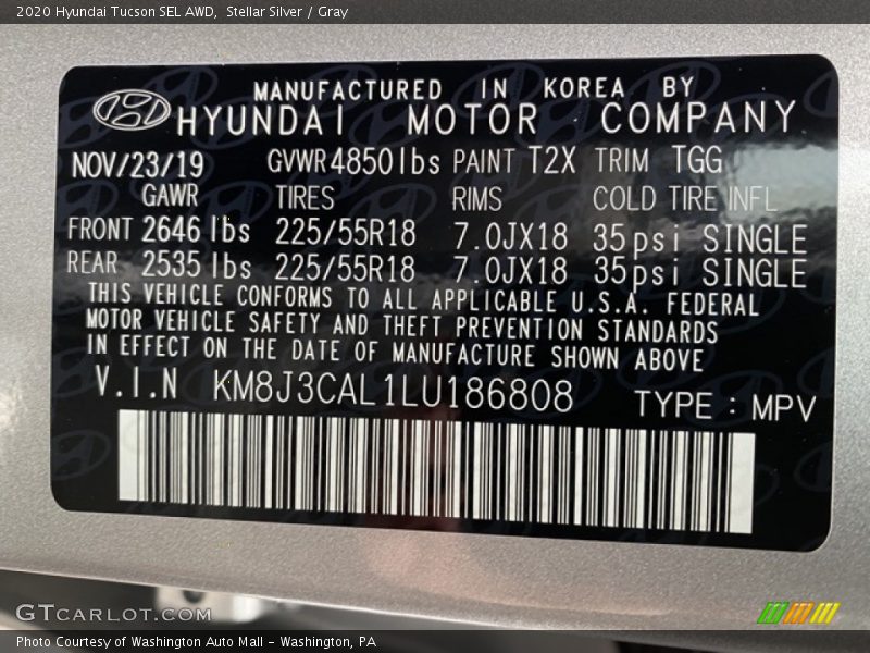 Stellar Silver / Gray 2020 Hyundai Tucson SEL AWD