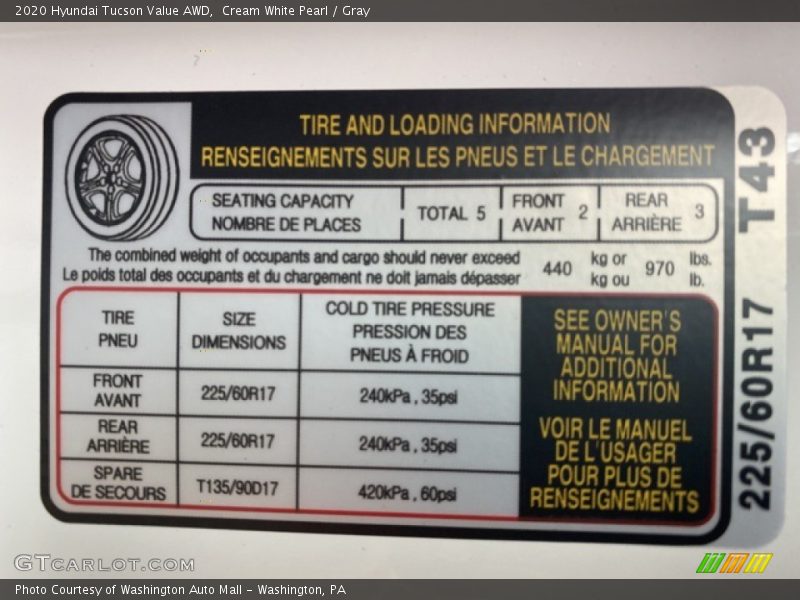 Info Tag of 2020 Tucson Value AWD