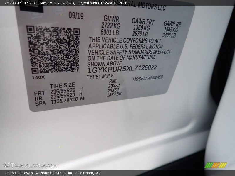 Crystal White Tricoat / Cirrus 2020 Cadillac XT6 Premium Luxury AWD