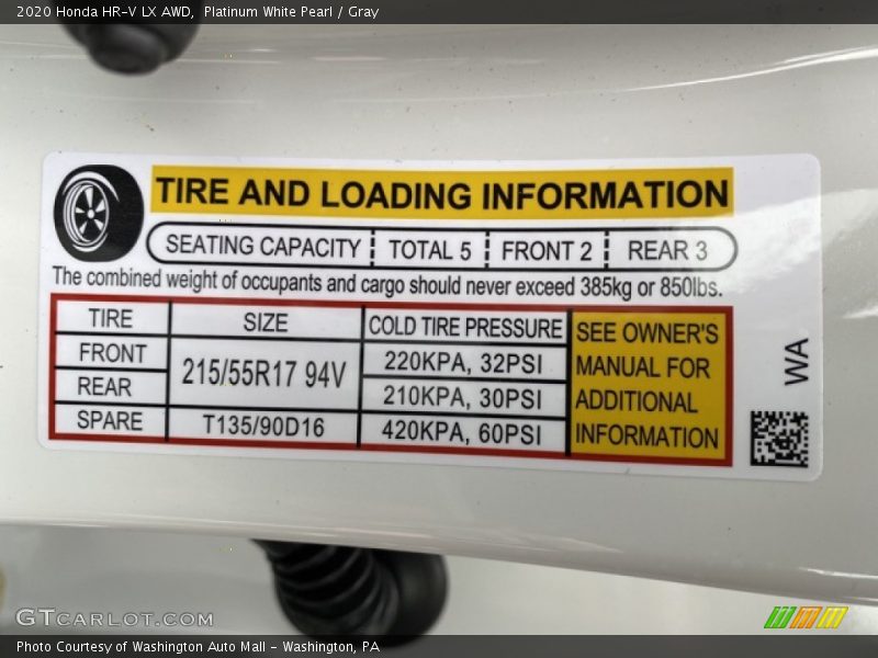 Platinum White Pearl / Gray 2020 Honda HR-V LX AWD