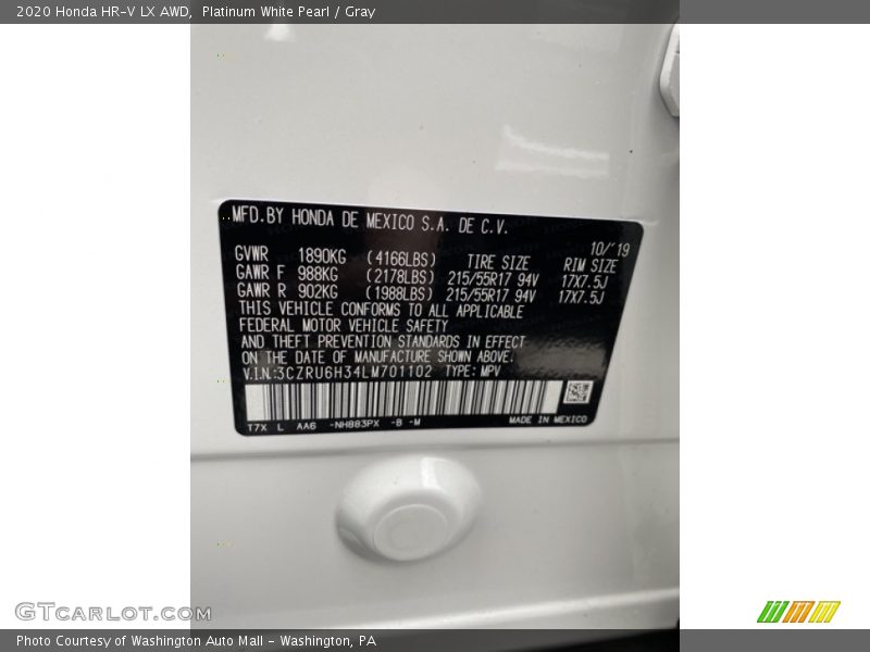 Platinum White Pearl / Gray 2020 Honda HR-V LX AWD