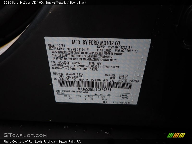 Smoke Metallic / Ebony Black 2020 Ford EcoSport SE 4WD