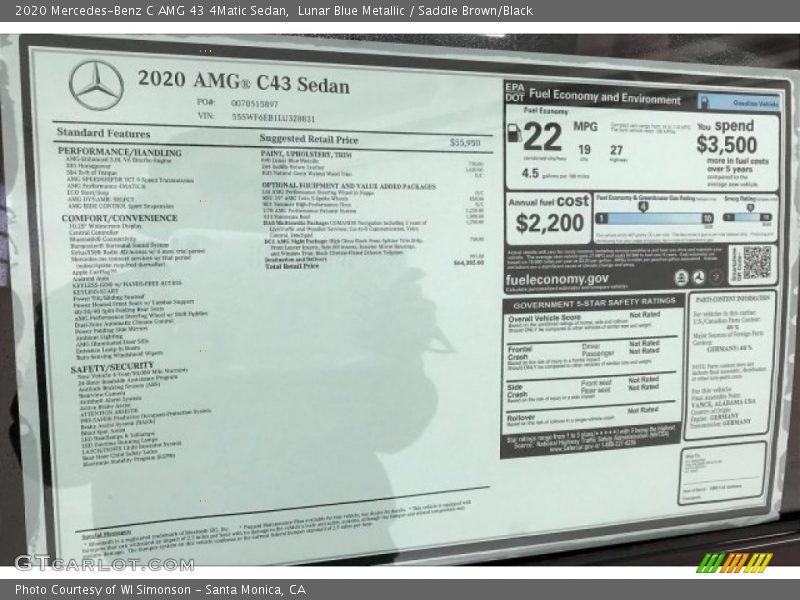  2020 C AMG 43 4Matic Sedan Window Sticker