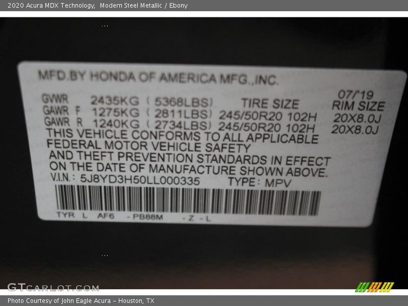 Modern Steel Metallic / Ebony 2020 Acura MDX Technology