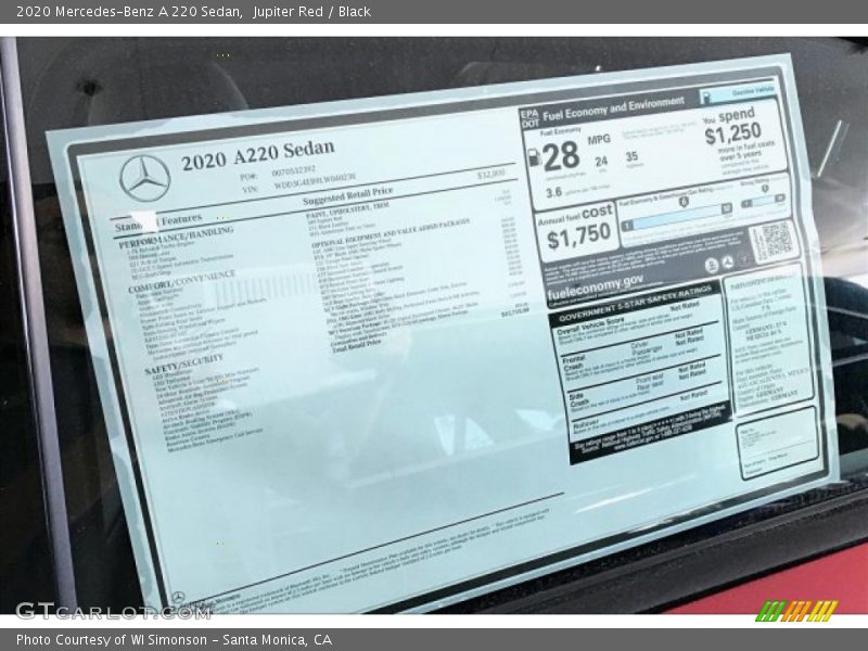  2020 A 220 Sedan Window Sticker