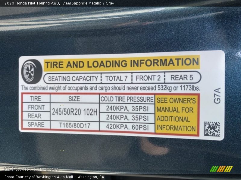 Steel Sapphire Metallic / Gray 2020 Honda Pilot Touring AWD