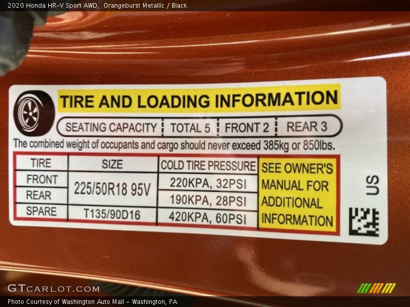 Info Tag of 2020 HR-V Sport AWD