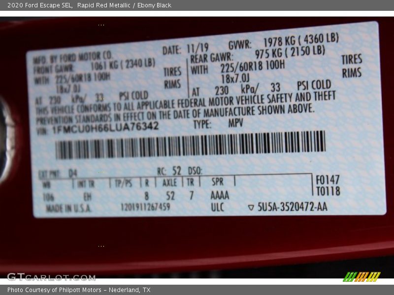 Rapid Red Metallic / Ebony Black 2020 Ford Escape SEL