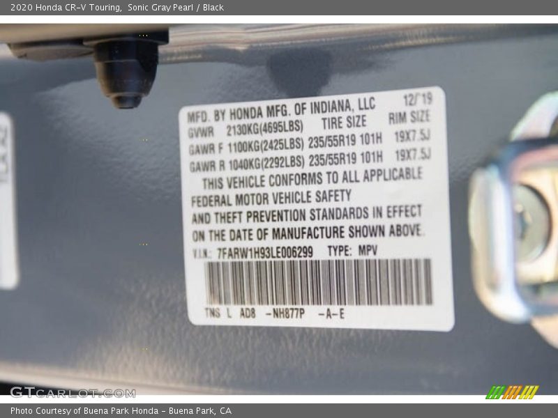 Sonic Gray Pearl / Black 2020 Honda CR-V Touring