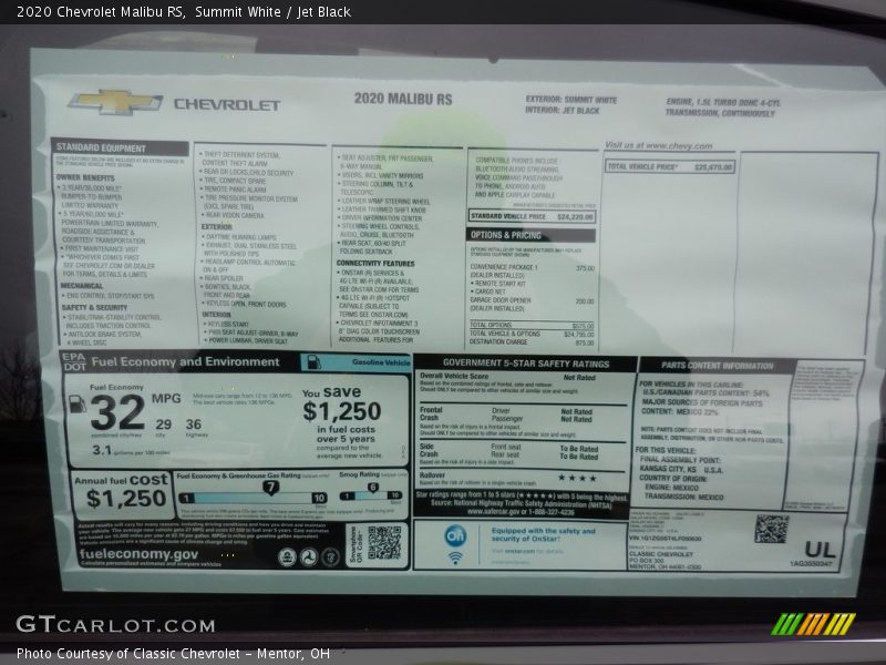 Summit White / Jet Black 2020 Chevrolet Malibu RS