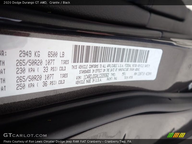 2020 Durango GT AWD Granite Color Code PAU
