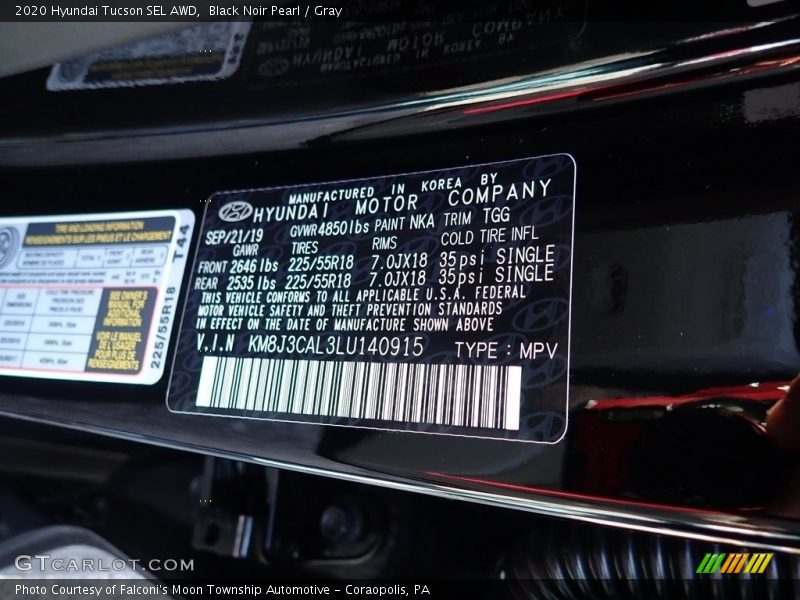 2020 Tucson SEL AWD Black Noir Pearl Color Code NKA