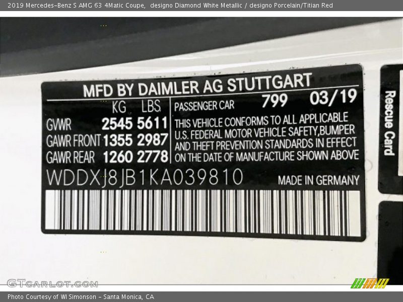 2019 S AMG 63 4Matic Coupe designo Diamond White Metallic Color Code 799