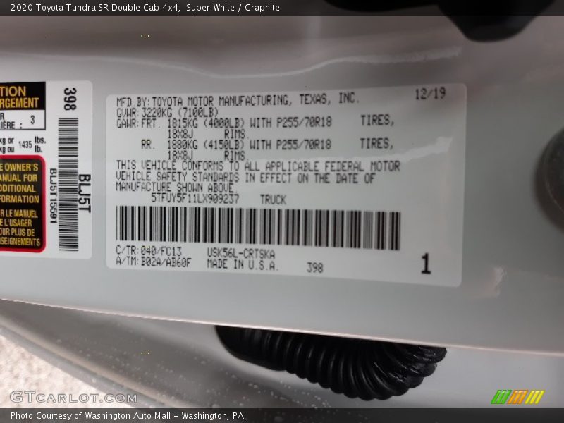 Super White / Graphite 2020 Toyota Tundra SR Double Cab 4x4