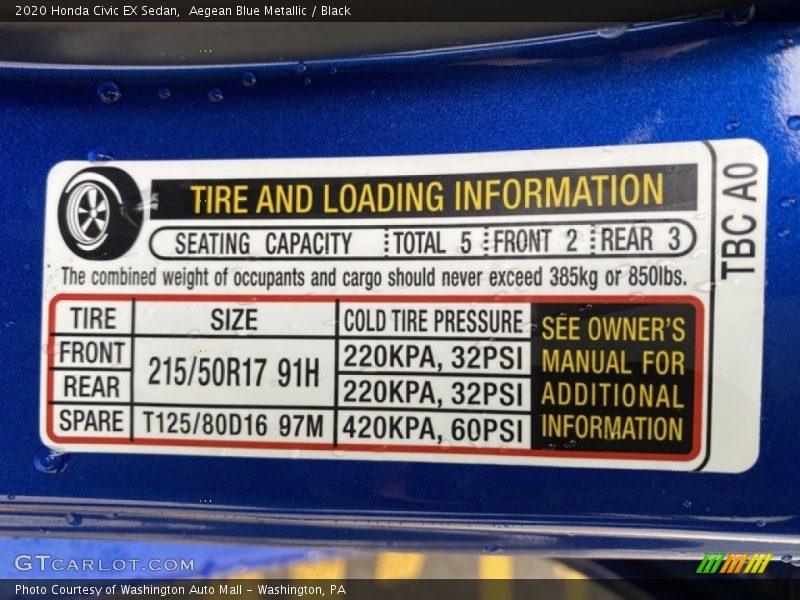 Aegean Blue Metallic / Black 2020 Honda Civic EX Sedan