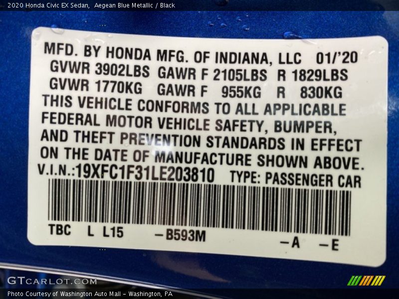Aegean Blue Metallic / Black 2020 Honda Civic EX Sedan