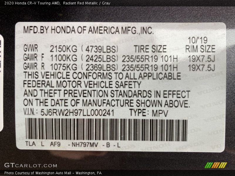 Radiant Red Metallic / Gray 2020 Honda CR-V Touring AWD