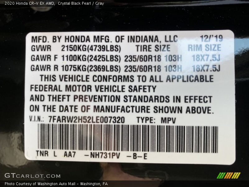 Crystal Black Pearl / Gray 2020 Honda CR-V EX AWD