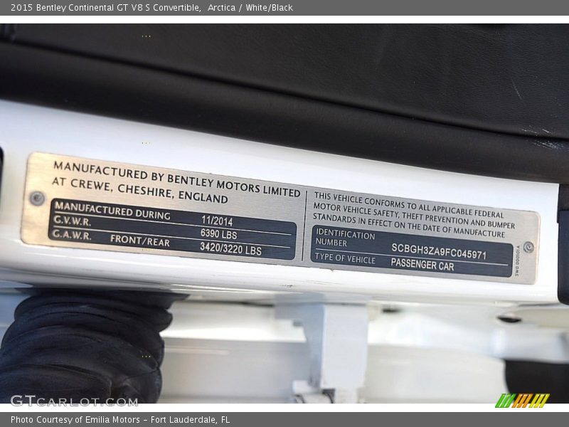 Info Tag of 2015 Continental GT V8 S Convertible