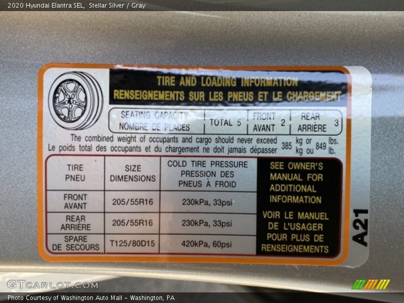 Info Tag of 2020 Elantra SEL