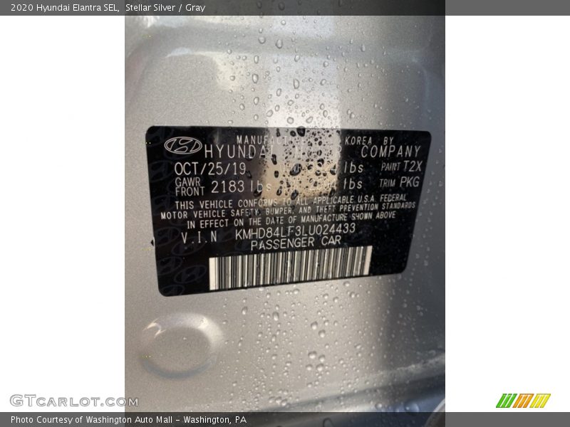 2020 Elantra SEL Stellar Silver Color Code T2X