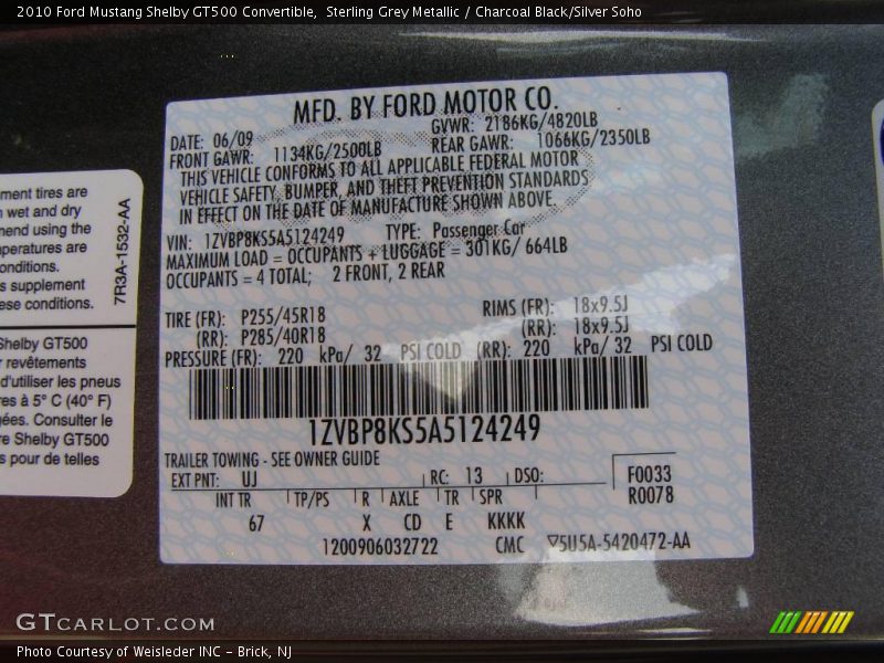 Sterling Grey Metallic / Charcoal Black/Silver Soho 2010 Ford Mustang Shelby GT500 Convertible