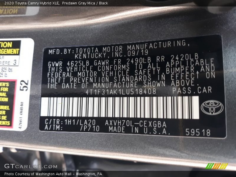 Predawn Gray Mica / Black 2020 Toyota Camry Hybrid XLE