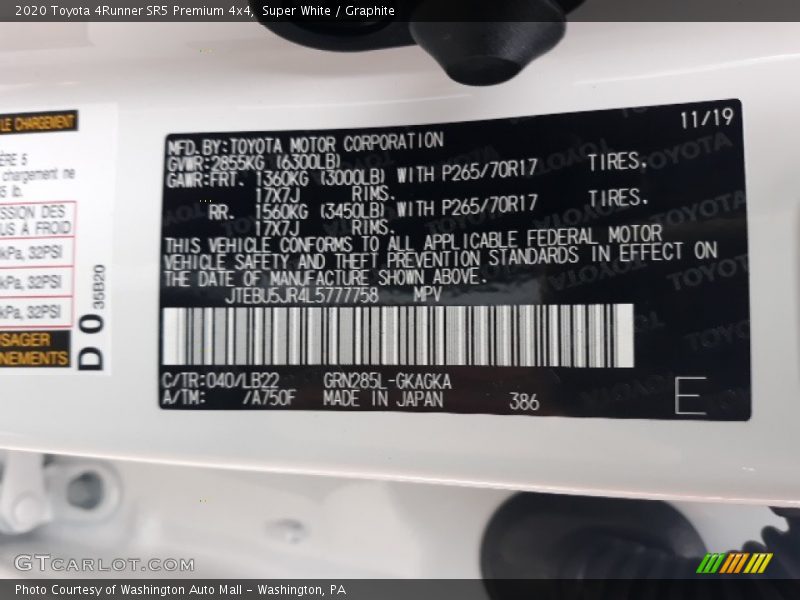 Super White / Graphite 2020 Toyota 4Runner SR5 Premium 4x4