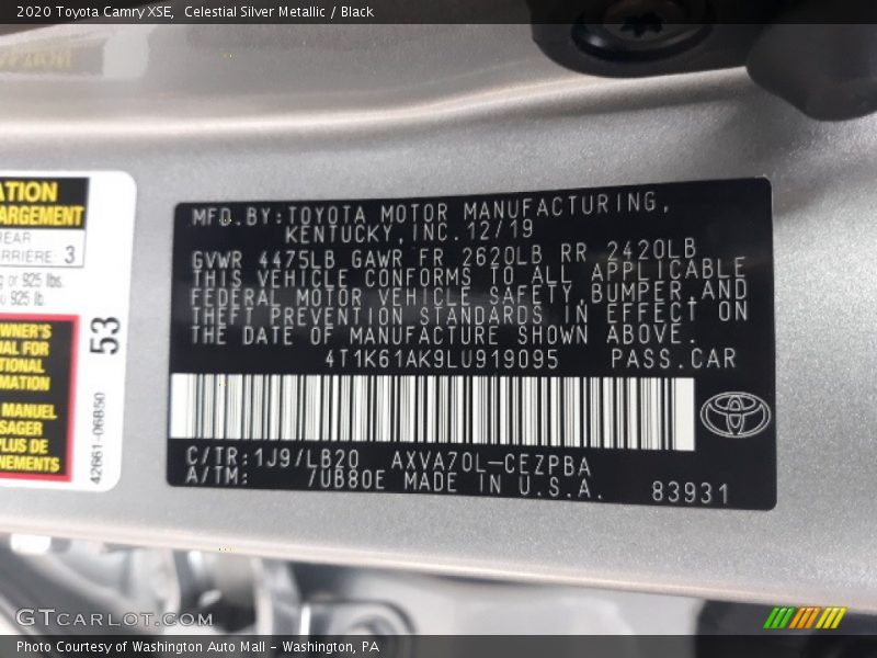 Celestial Silver Metallic / Black 2020 Toyota Camry XSE