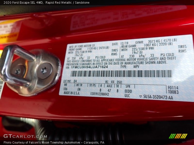 2020 Escape SEL 4WD Rapid Red Metallic Color Code D4