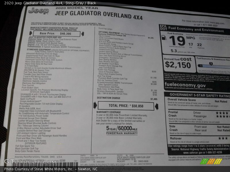  2020 Gladiator Overland 4x4 Window Sticker