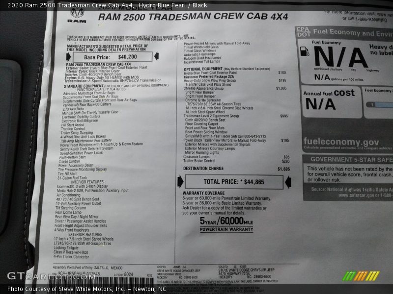 2020 2500 Tradesman Crew Cab 4x4 Window Sticker