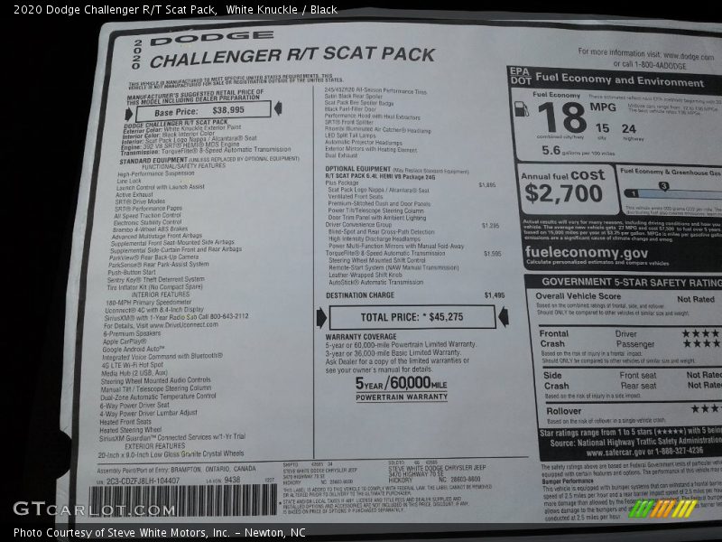  2020 Challenger R/T Scat Pack Window Sticker