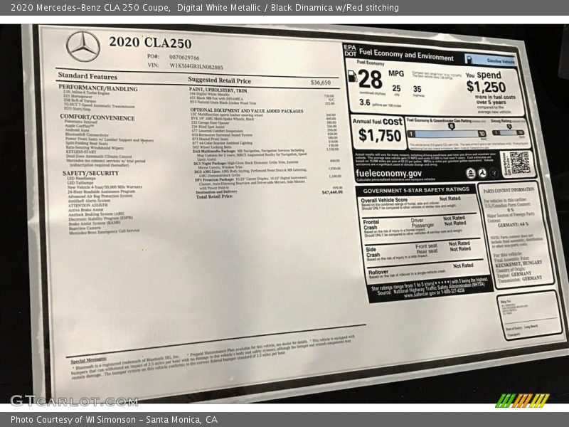 Digital White Metallic / Black Dinamica w/Red stitching 2020 Mercedes-Benz CLA 250 Coupe
