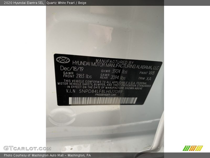 Quartz White Pearl / Beige 2020 Hyundai Elantra SEL